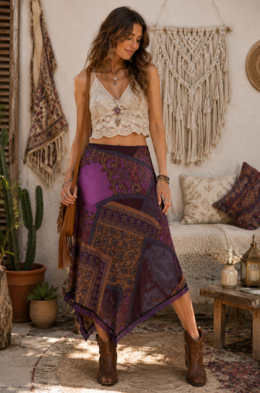 VTG Y2K Paisley Handkerchief Hem Midi Skirt Purple Brown Sz L USA Boho Festival